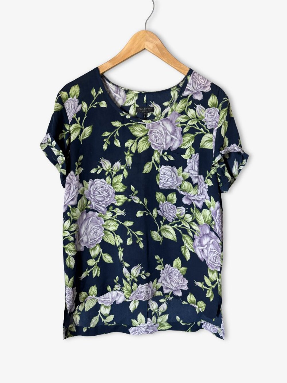 Rag & Bone Silk Midnight Floral Rose Pocket Tee Blouse Size M Romantic Boho